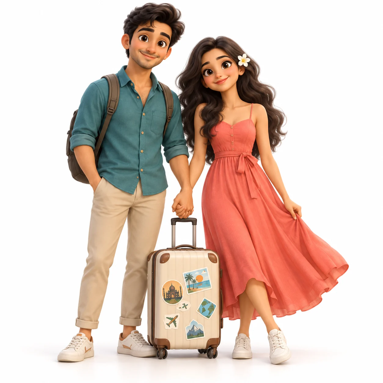 Illustration of a happy couple with their travel suitcase